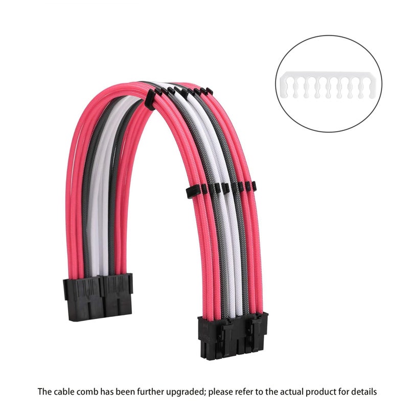 Formulamod Sleeve Extension Power Supply Cable Kit 18AWG (1) ATX 24P+ (1) EPS 8-P+ (2) PCI-E8-P with Combs for PSU to Motherboard/GPU (Pink Grey White) - Image 3